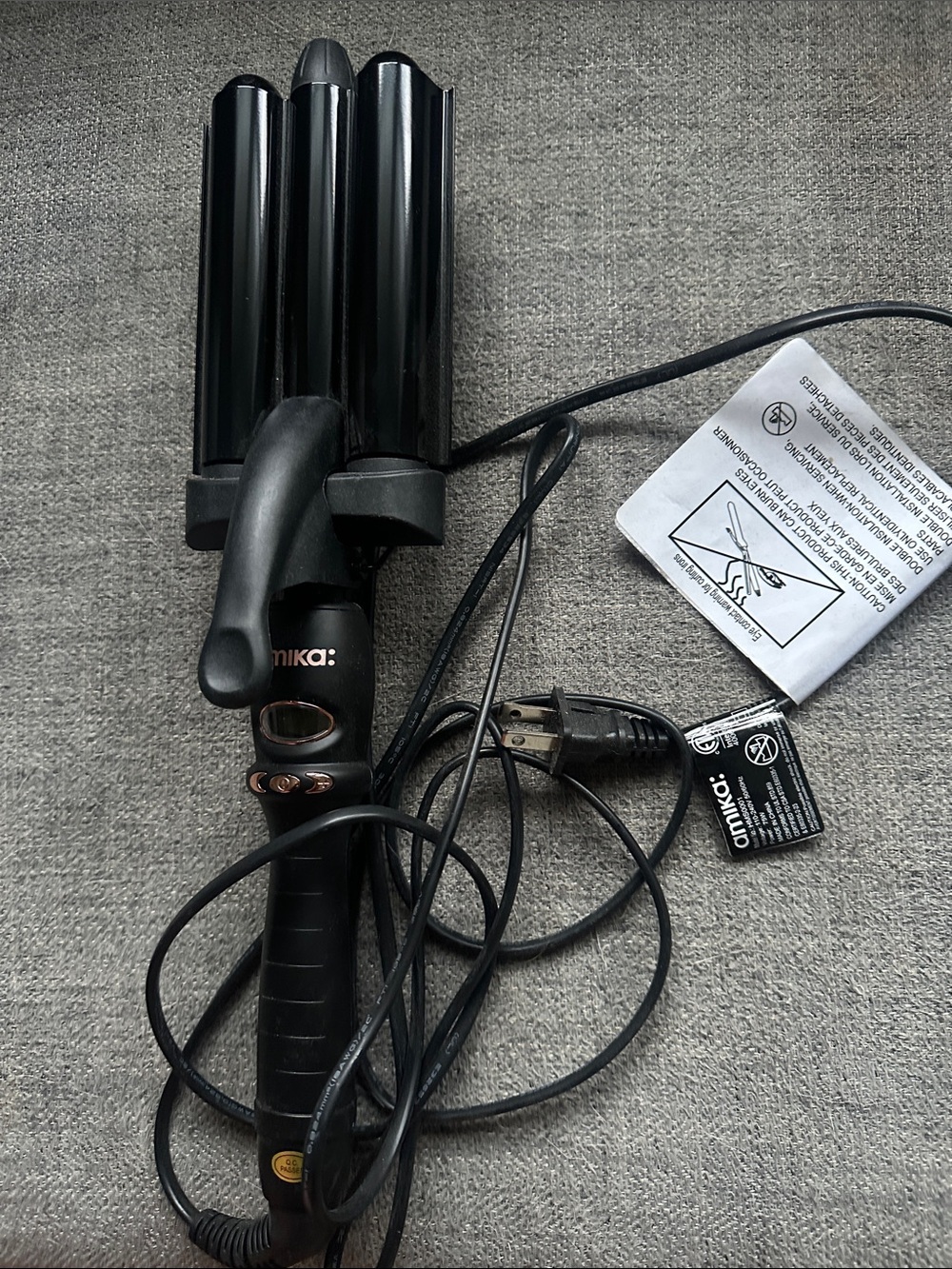 amika Triple Barrel Hair Waver in Black with Rose Gold Details